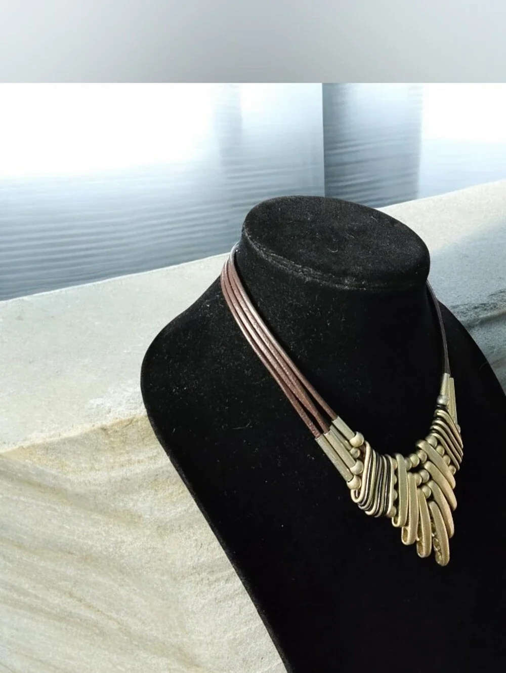 Vintage Gold-Tone Tribal Spike Necklace - Brown Cord